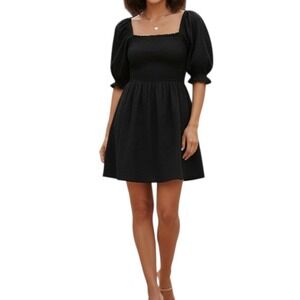 Hill House The Athena Nap Dress Black Puff‎ Sleeve Square Neck Cotton Mini Dress